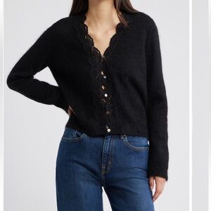 Rails Mer Lace Trim Black Cardigan Alpaca Wool Blend Size Small